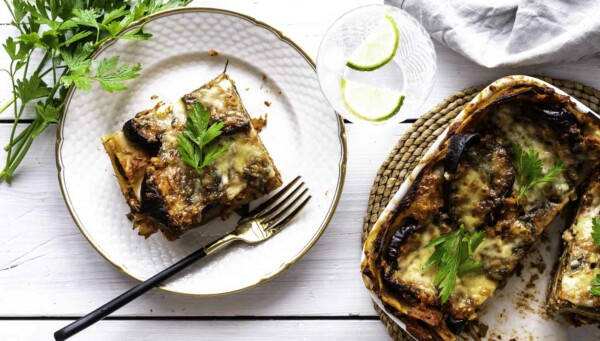 Vegetar lasagne med aubergine, spinat og hytteost