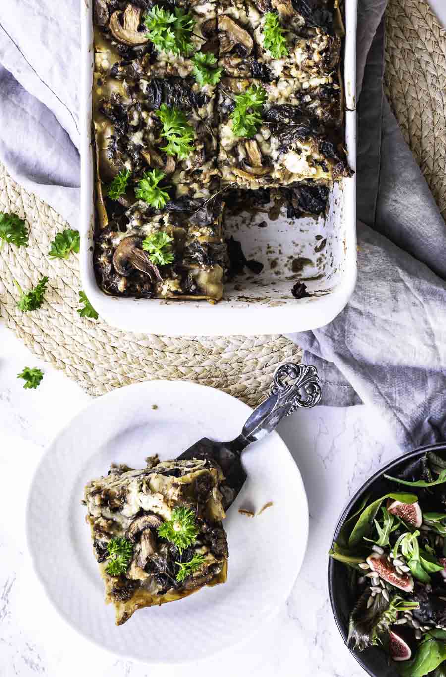 Spinatlasagne med svampe og hytteost - vegetarisk comfort food